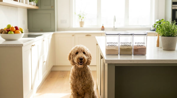 Golden doodle beside 3-in-1 synbiotic container
