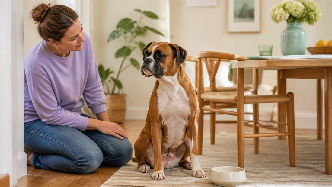 Boxer dog sitting comfortably beside its attentive owner after a meal