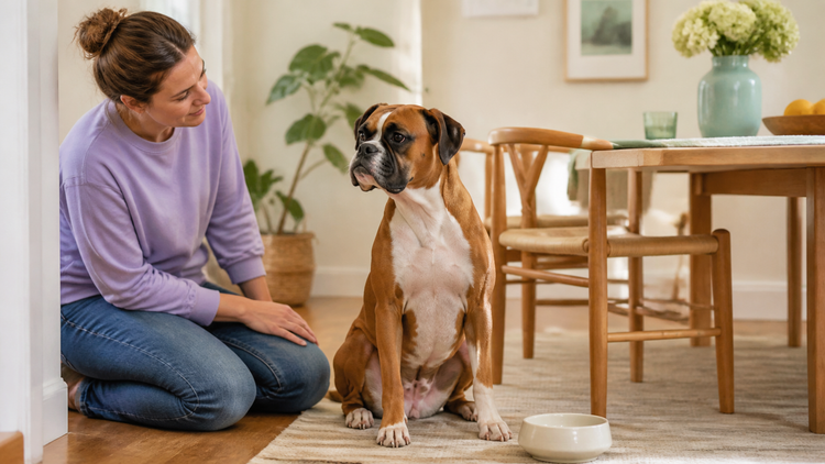 Boxer dog sitting comfortably beside its attentive owner after a meal