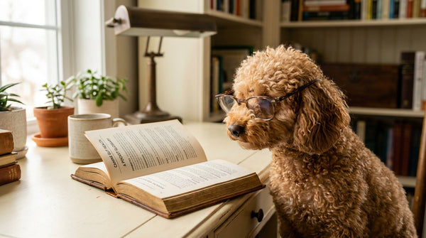 Toy poodle beside gut health glossary book