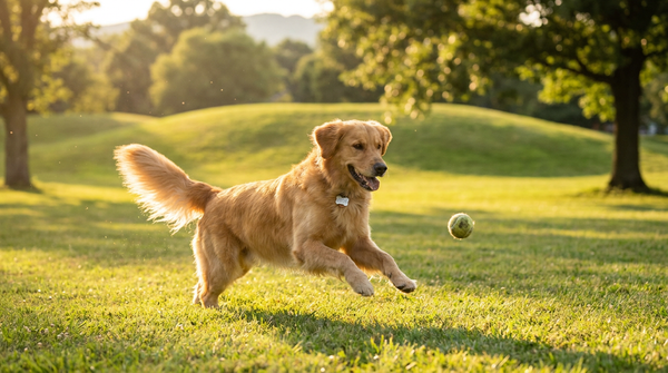 Golden retriever playing energetically showing gut health improvement