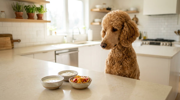Standard poodle beside kefir yogurt and fermented foods