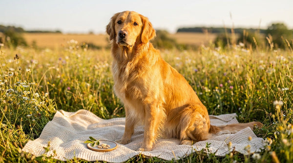 Golden retriever with lustrous coat in sunlit meadow