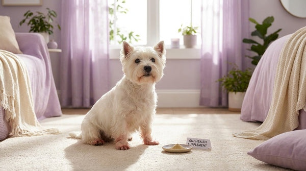 West Highland terrier with allergy paw and gut supplement