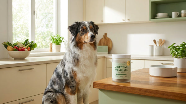 Australian shepherd beside digestive supplement