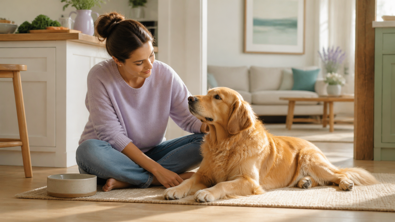 Golden Retriever resting beside its owner in a calm, bright home