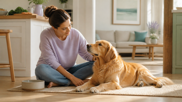 Golden Retriever resting beside its owner in a calm, bright home