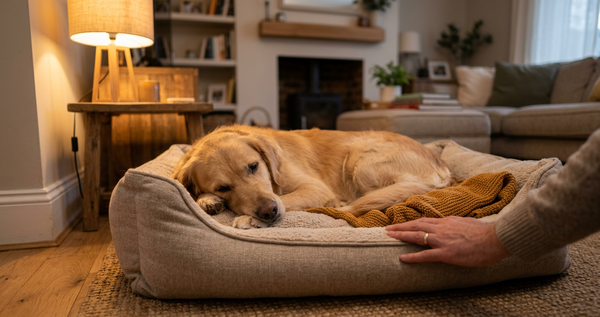 Calm golden retriever resting in cozy safe space with owner nearby — natural dog anxiety management