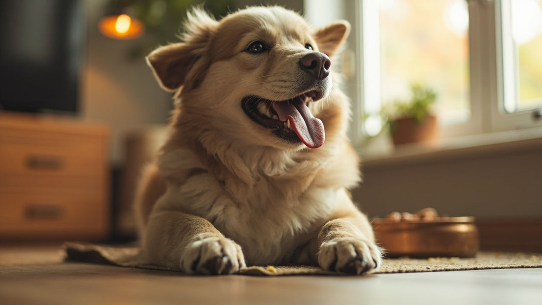 Relaxed dog resting beside its food bowl during a stable feeding routine