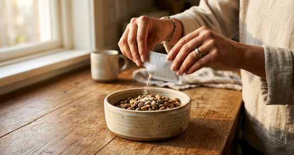 Dog owner adding daily supplement sachet to ceramic dog bowl — pet supplement benefits for dogs