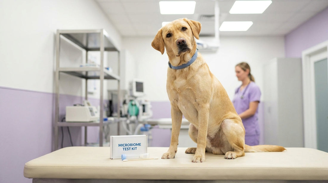 Yellow Labrador with microbiome test kit in vet clinic