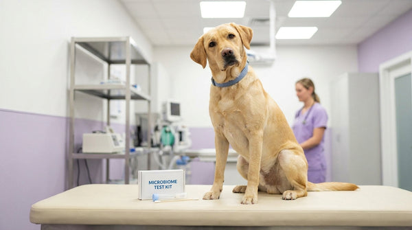 Yellow Labrador with microbiome test kit in vet clinic