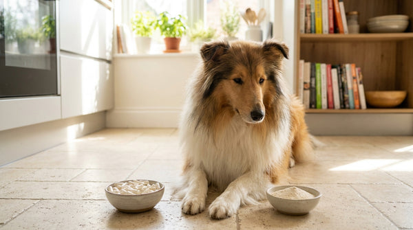 Rough collie between probiotic and prebiotic bowls
