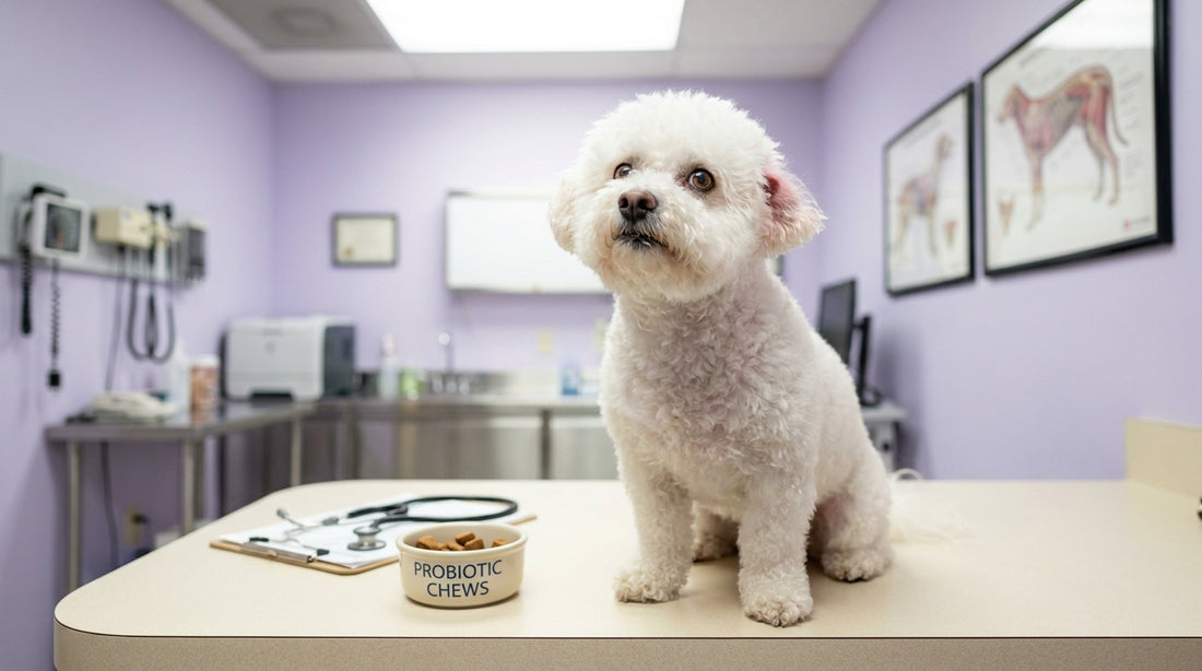 Bichon Frise in vet clinic with probiotic for yeast