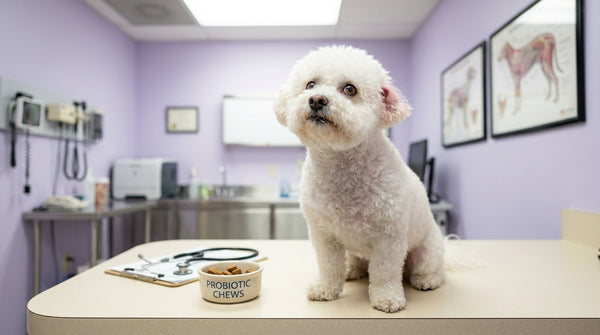 Bichon Frise in vet clinic with probiotic for yeast