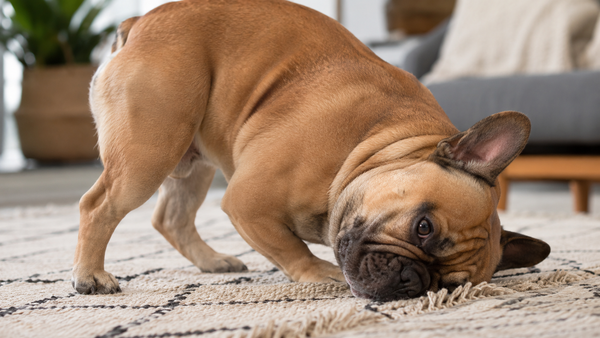 A fawn French Bulldog rubbing its itchy face on a patterned rug indoors, showing an allergic, uncomfortable expression
