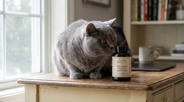 British shorthair cat scrutinizing supplement label