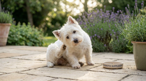West Highland terrier scratching with probiotic supplement