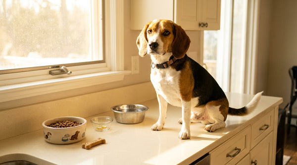 Beagle beside morning routine setup with supplement