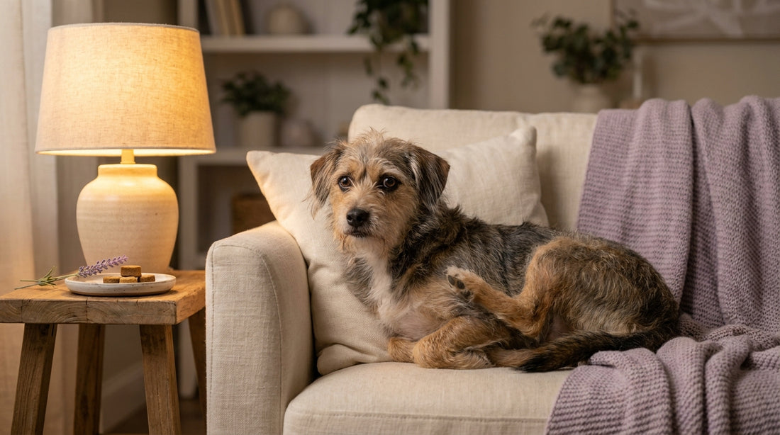 Rescue mix looking anxious on sofa with calming supplement