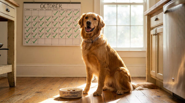 Golden retriever with daily probiotic and checked calendar