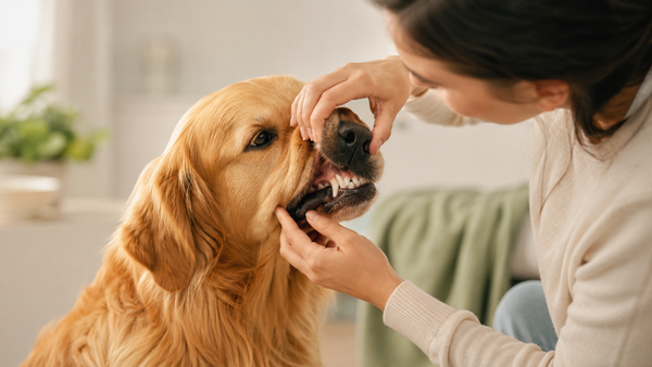 An owner gently lifting a Golden Retriever's lip to reveal clean teeth and healthy gums, illustrating at-home dog dental care
