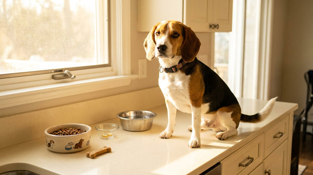 Beagle beside morning routine setup with supplement