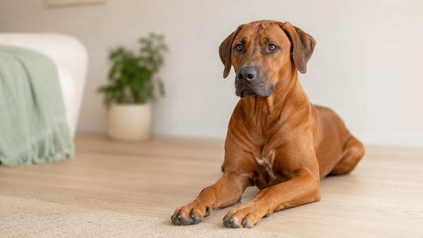 Healthy Rhodesian Ridgeback resting calmly in a warm home, pet supplement benefits for dog parents
