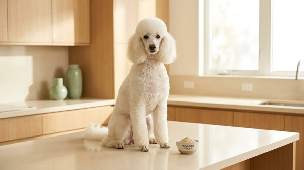 White standard poodle with probiotic yeast supplement