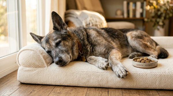 Senior German shepherd with probiotic on orthopedic bed