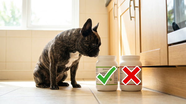 French bulldog choosing approved supplement container