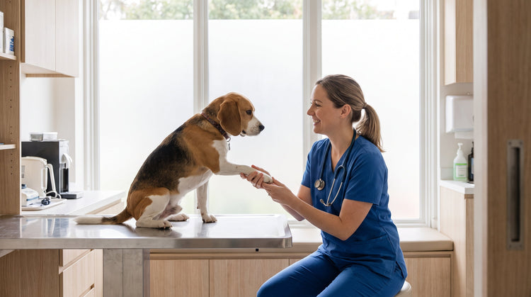 Veterinarian evaluating a dog before starting a supplement trial