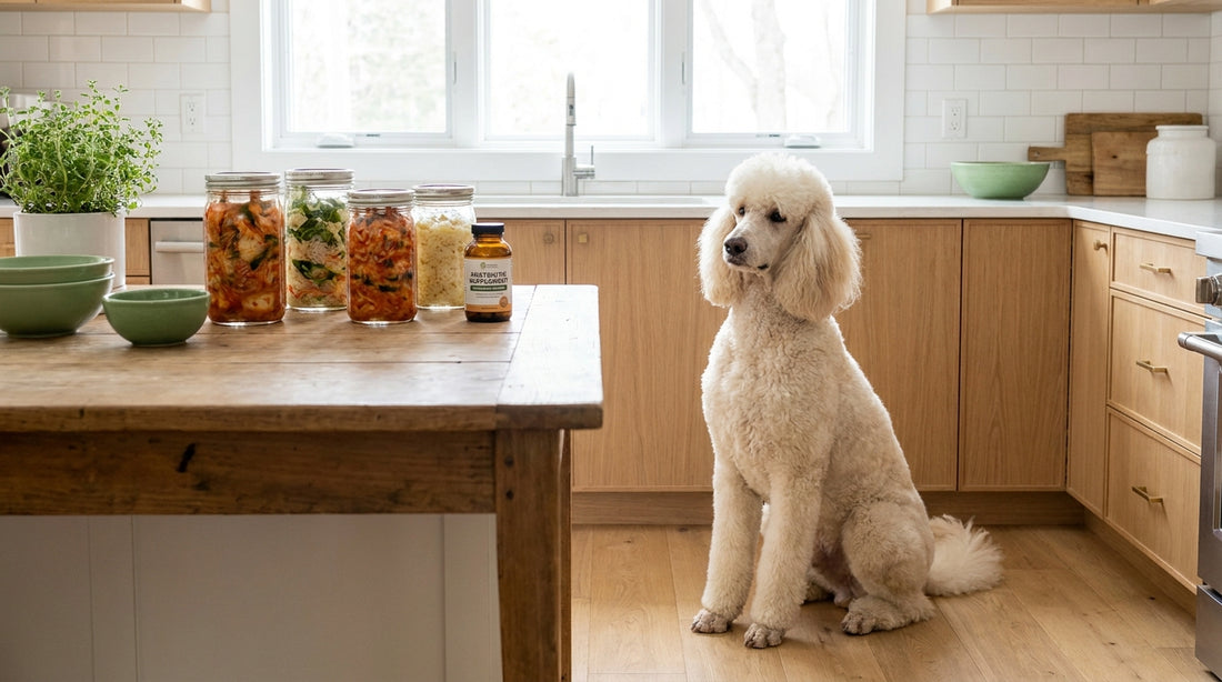 Standard poodle beside fermented foods and postbiotic
