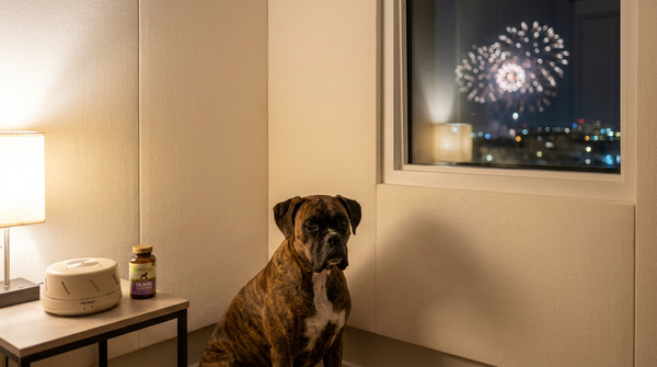 Boxer in soundproofed room with calming supplement