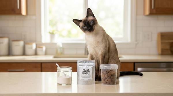 Siamese cat beside three supplement format containers