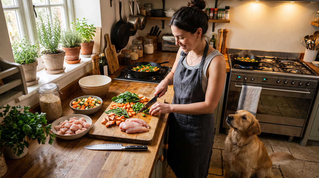 Owner preparing ingredients for a homemade dog meal while her dog watches