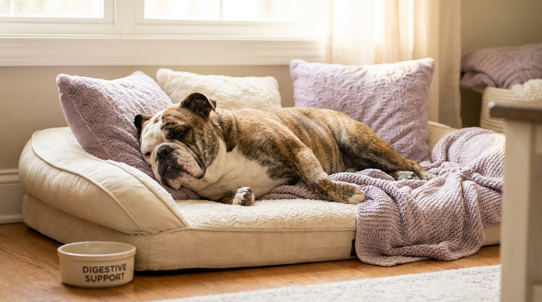 English bulldog relaxed on orthopedic bed with supplement