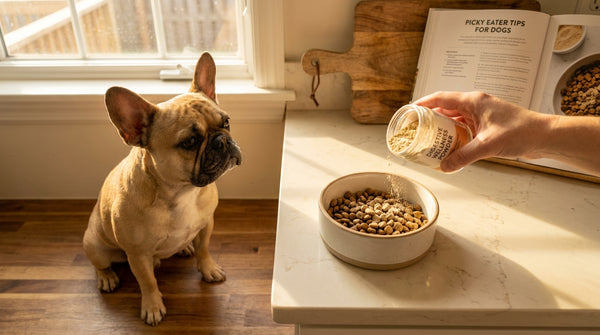 French bulldog watching powder supplement sprinkled on food