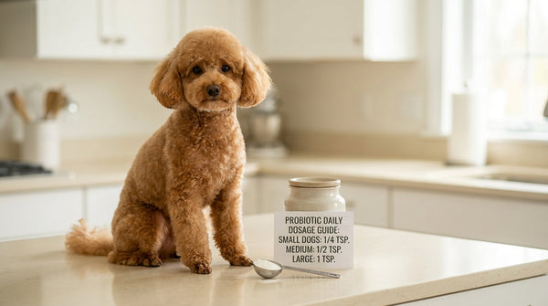 Miniature poodle beside probiotic measuring spoon and dosage guide