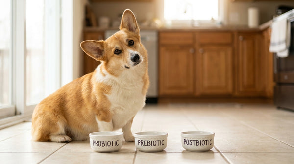 Pembroke corgi in front of probiotic prebiotic postbiotic dishes