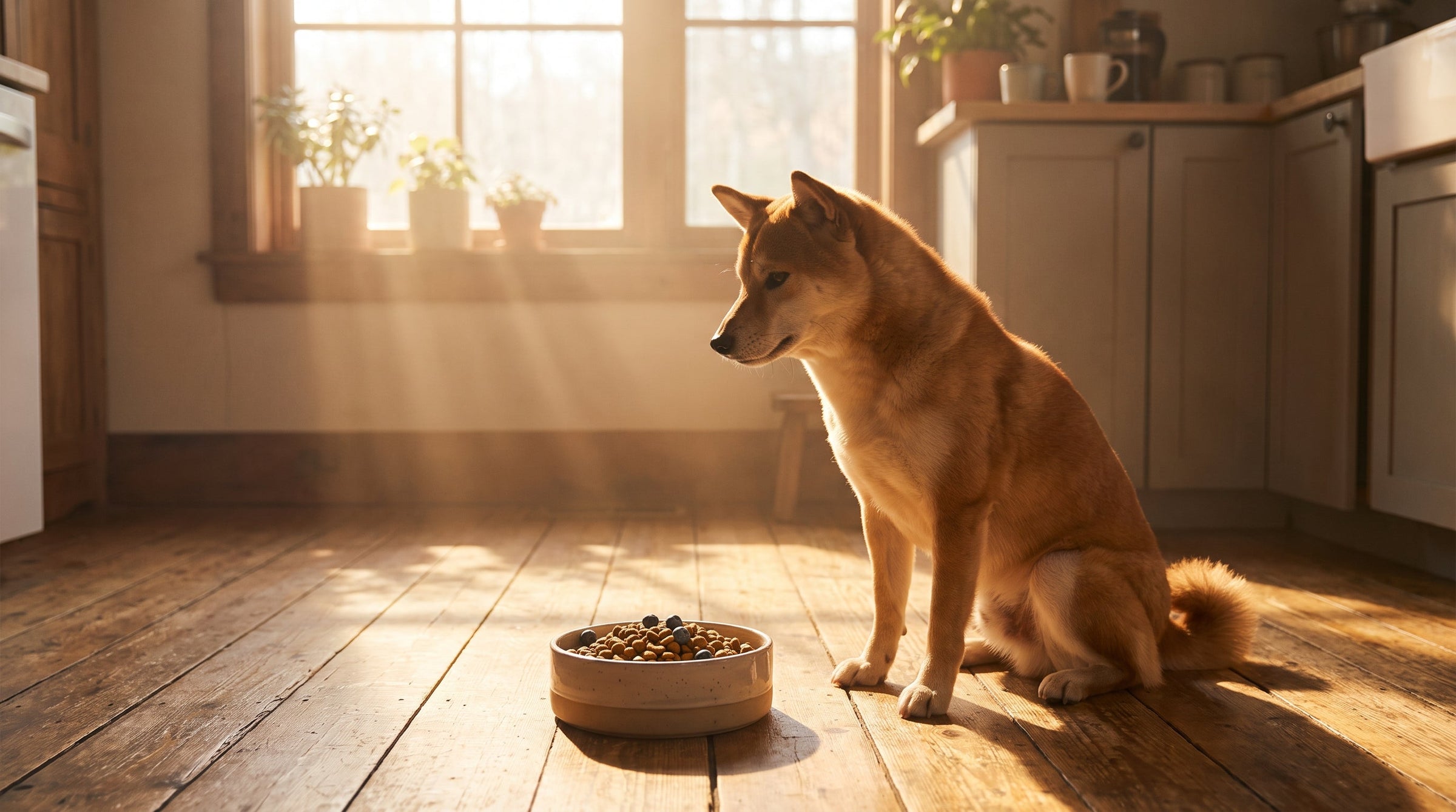 Dog waiting by its food bowl during a daily supplement routine