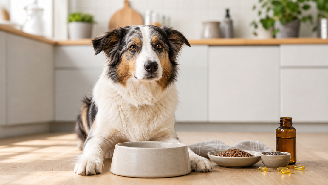 Dog eating a fresh bowl in a bright kitchen with salmon and plant omega ingredients nearby, representing omega 3 choices for dogs