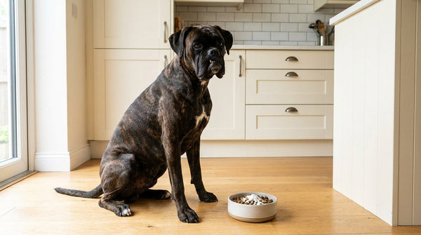 Brindle boxer with probiotic supplement in kitchen