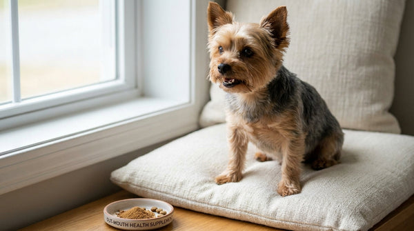 Yorkshire terrier showing teeth with oral-gut supplement