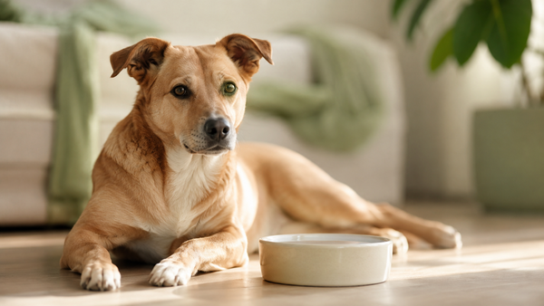 Medium tan mixed-breed rescue dog resting comfortably on a clean floor near its water bowl with a settled belly, illustrating safe care while researching whether you can give your dog Imodium