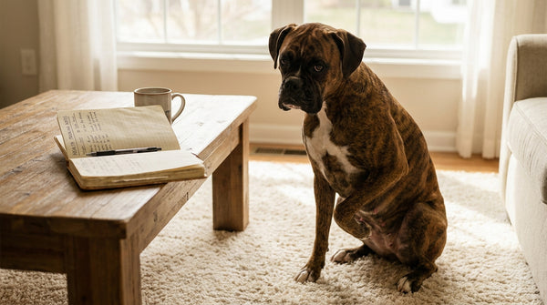 Boxer with paw on belly beside health tracking notebook