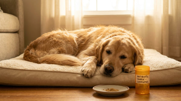 Golden retriever recovering with probiotic after antibiotics