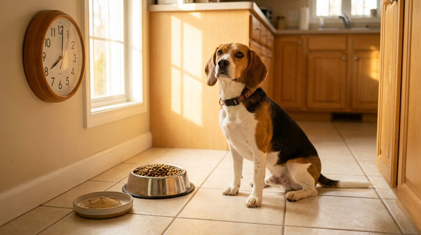 Beagle beside food bowl and supplement with mealtime clock