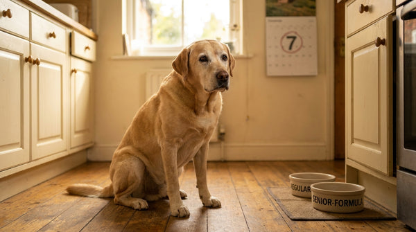 Senior yellow Labrador beside regular and senior food bowls
