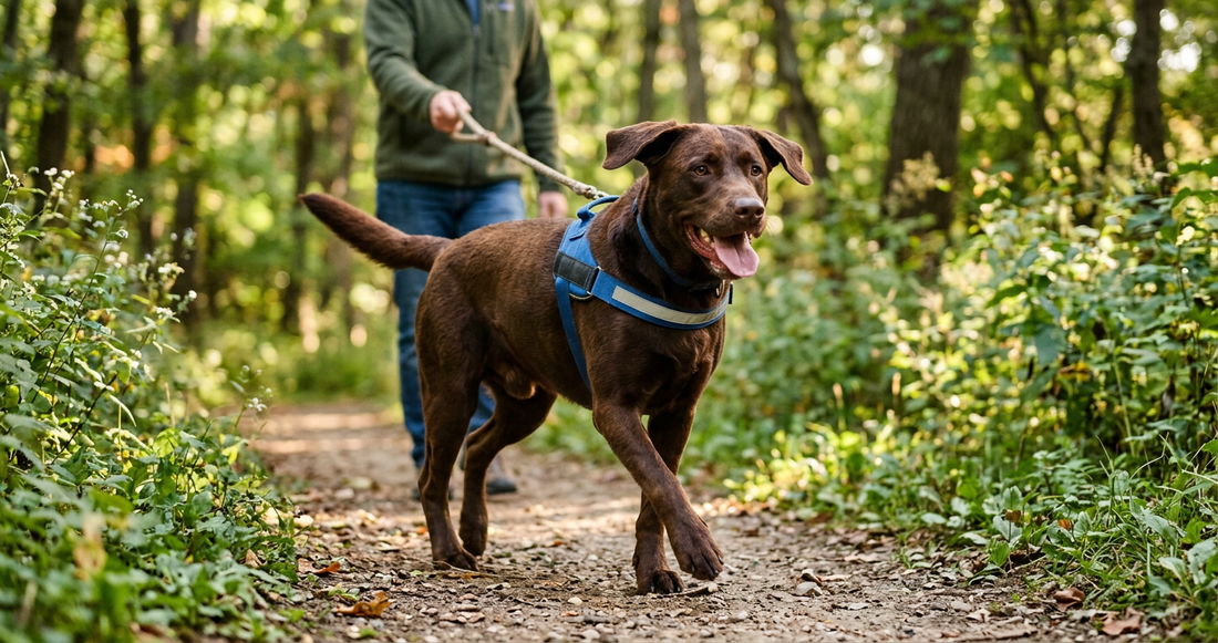Active chocolate Labrador walking on forest trail — complete guide to dog joint supplements 2026